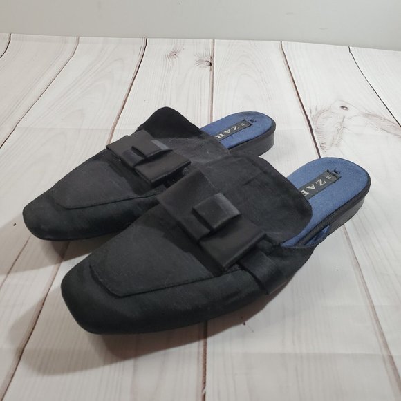 Zara Flats 36 US 6 Womens Shoes Black Fabric Mules Slip On Shoes Bows Square Toe - Picture 4 of 10